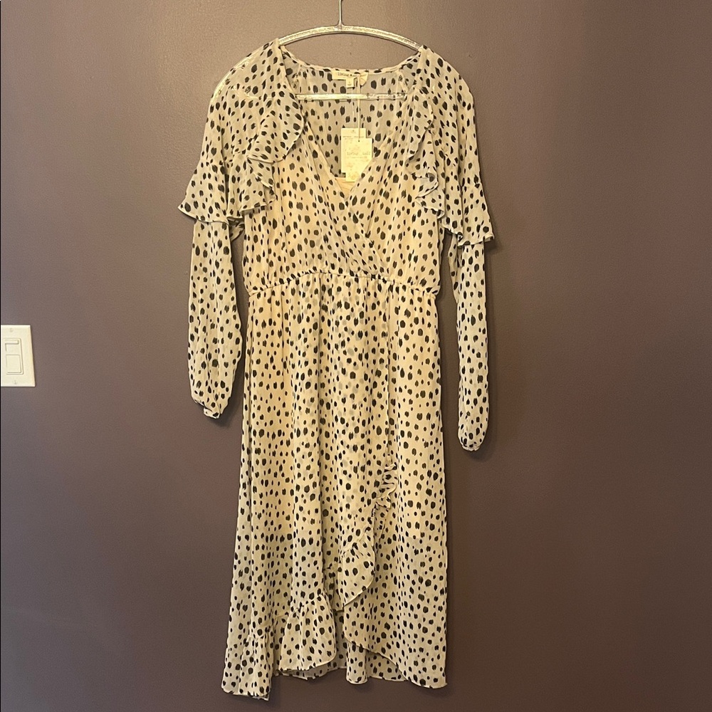 Cream Polka Dot Midi Dress with Ruffle Detail and chiffon sleeves NWT